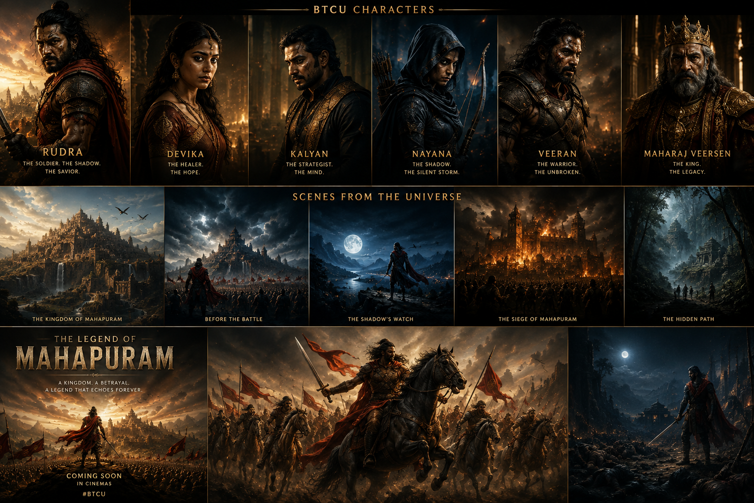 BTCU character portraits and scenes from The Legend of Mahapuram